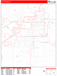 Lake Charles Wall Map Zip Code Red Line Style 2024